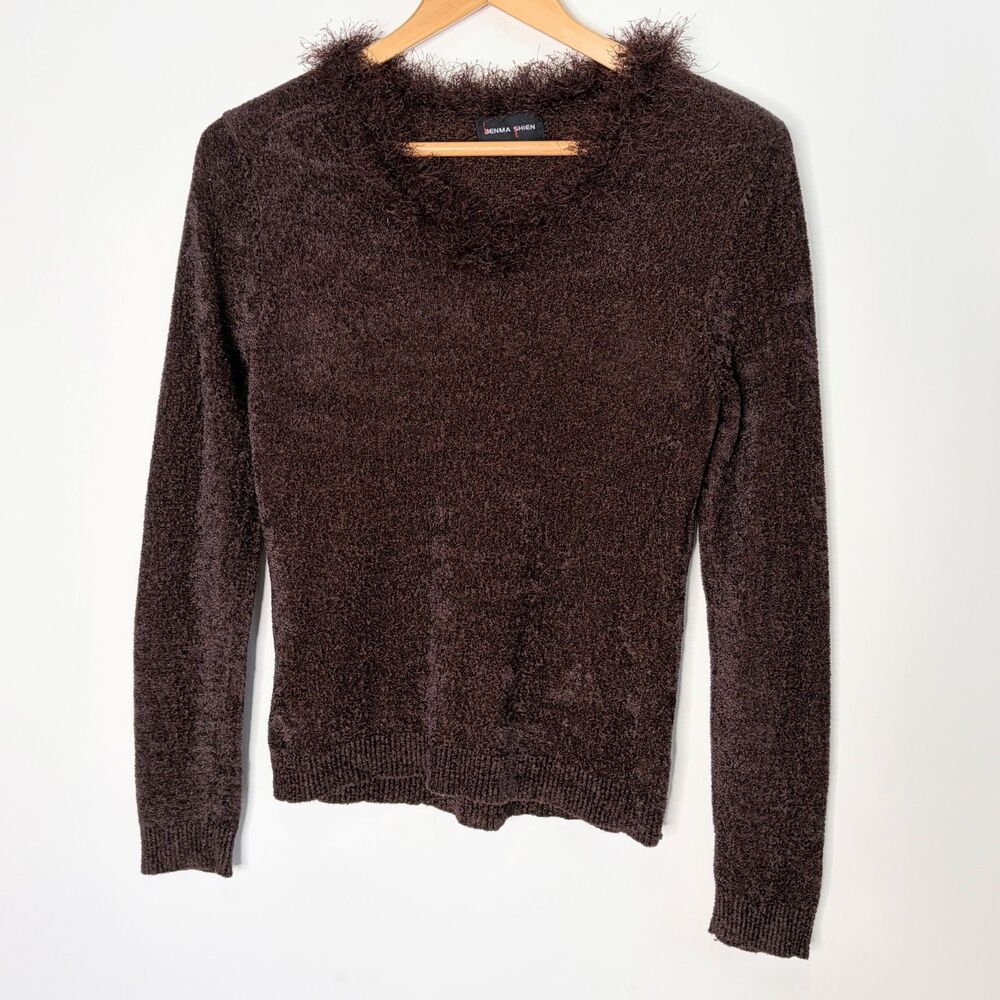 Vintage Y2K Sweater Phoebe Buffay Brown Soft Fluffy Collar Women Size S